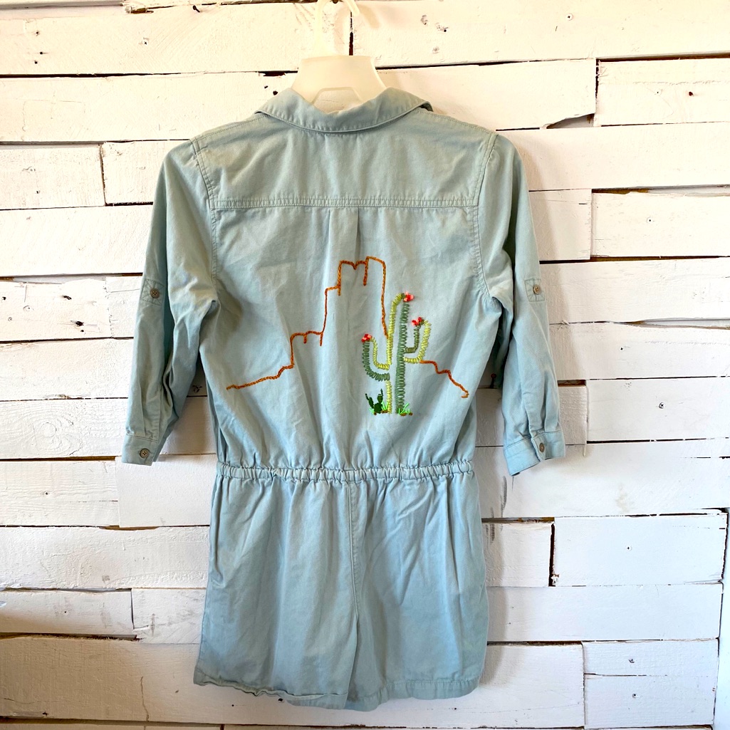 Denim Cabi Romper With Hand Stitched Desert Scene Denim Cabi Romper With Hand Stitched Desert Scene